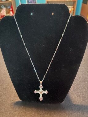 Silver Tone Cross Pendant Necklace with Multicolor Gem Accents